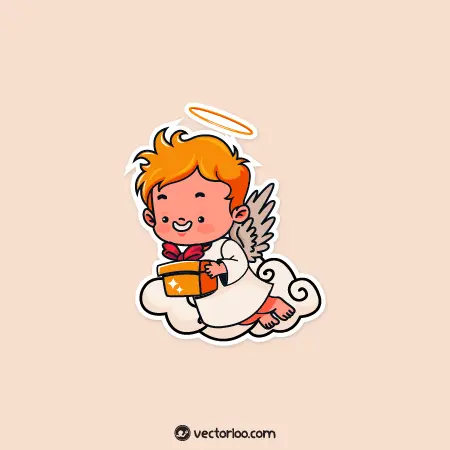 وکتور فرشته پسر کارتونی روی ابر با جعبه کادو 1