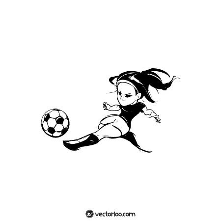وکتور دختر فوتبالیست کارتونی سیاه و سفید در حال شوت زدن 1