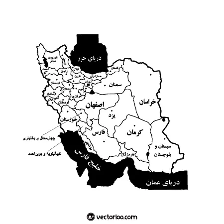 وکتور نقشه ایران با اسم استان ها سیاه و سفید 1