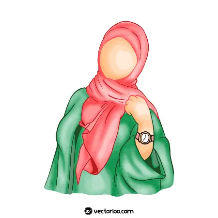 وکتور خانم حجابی با شال صورتی و لباس سبز بدون صورت کارتونی 1
