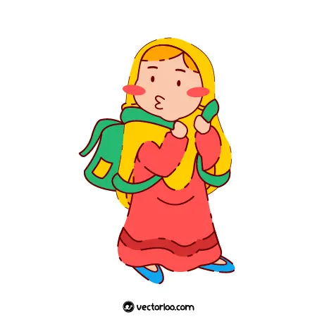 وکتور دختر بچه با لباس مدرسه حجابی با کیف مدرسه کارتونی 1