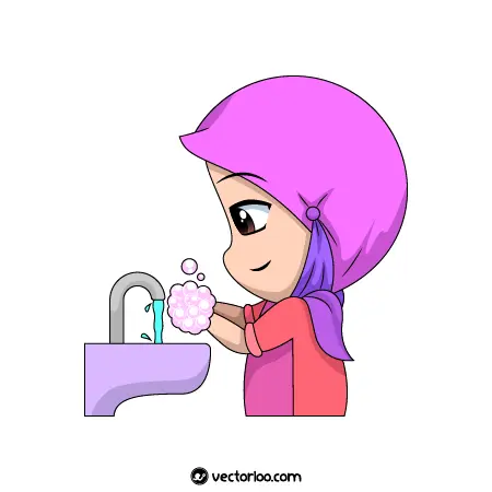 وکتور دختر بچه مسلمان با حجاب کامل در حال دست شستن با صابون 1