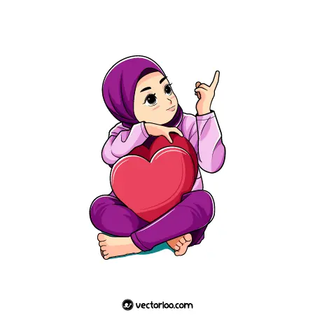 وکتور دختر جوان حجابی نشسته قلب در بغلش کارتونی زیبا 1