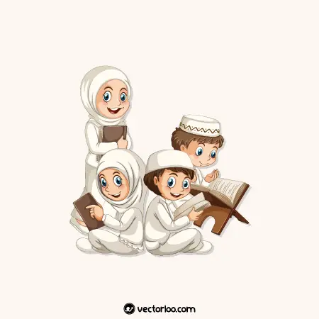 وکتور بچه های مسلمان دختر پسر کودک در حال دعا و قران خواندن کارتونی 1