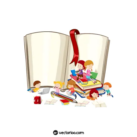 وکتور بچه های مهد کودک در حال بازی با کتاب و مداد 1