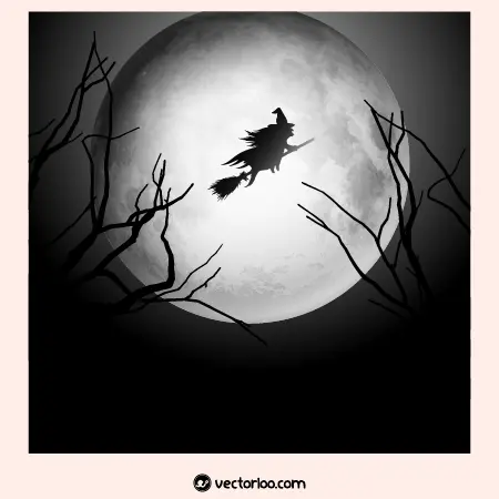 وکتور بک گراند هالووین ماه بزرگ روشن و جادوگر در حال پرواز با جارو 1