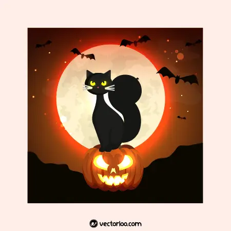 وکتور بک گراند هالووین گربه نشسته روی کدو تنبل 1