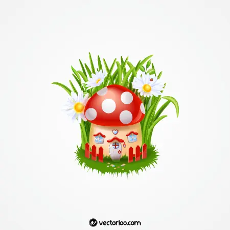 وکتور خانه قارچ قرمز خالخالی کارتونی سه بعدی در دل چمن و گل 1
