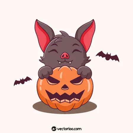 وکتور خفاش نازنین کارتونی سوار بر کدو تنبل هالووین 1