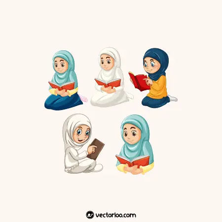 وکتور دختر بچه حجابی در حال کتاب خواندن در چند حالت و رنگ 1