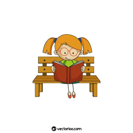 وکتور دختر بچه در حال مطالعه نشسته روی نیمکت کارتونی 2
