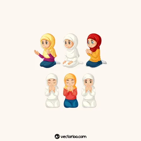 وکتور دختر بچه محجبه مسلمان در حال دعا در چند حالت و رنگ 1