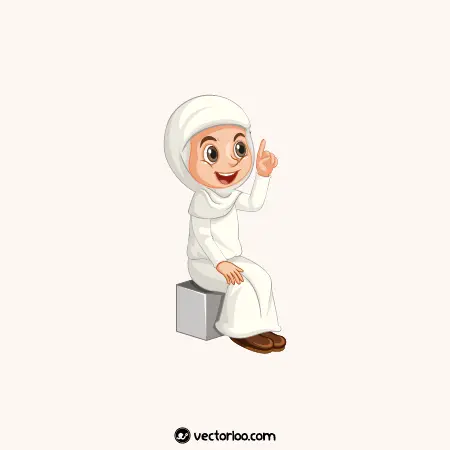 وکتور دختر بچه مسلمان حجابی نشسته در حال اشاره کردن به بالا کارتونی 1