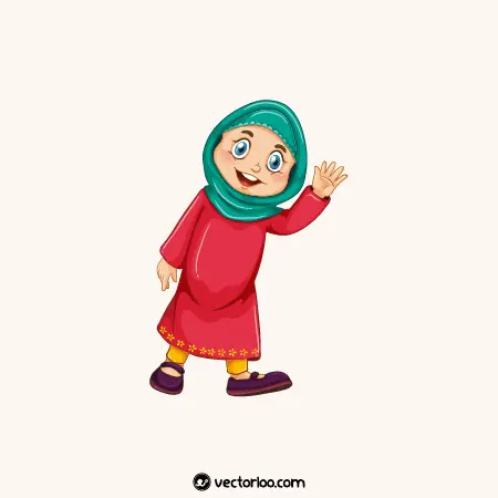 وکتور دختر بچه مسلمان در حال دست تکان دادن با لباس قرمز کارتونی 1