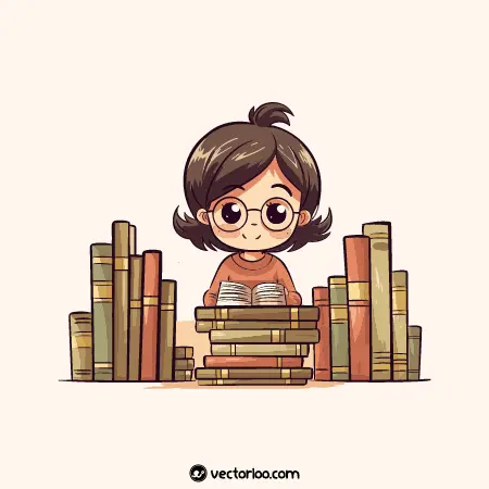 وکتور دختر بچه کودک با موهای بسته و عینکی در بین کتاب ها در حال مطالعه کارتونی 1