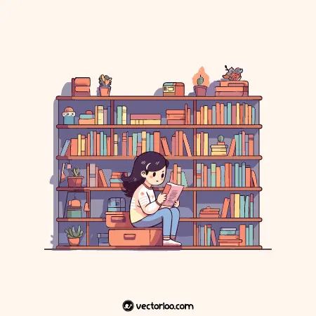 وکتور دختر جوان نشسته در حال مطالعه در کتابخانه کارتونی 1