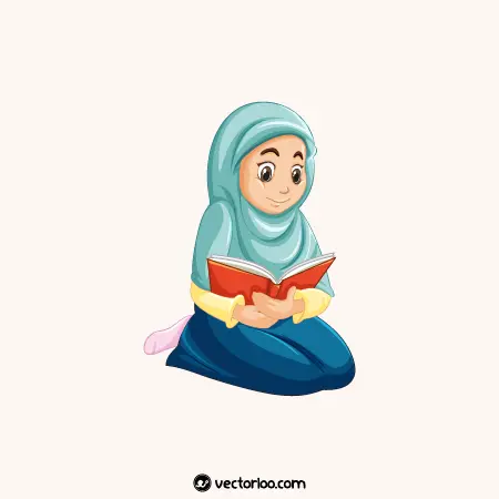 وکتور دختر حجابی مسلمان در حال قران کتاب خواندن نشسته کارتونی 1