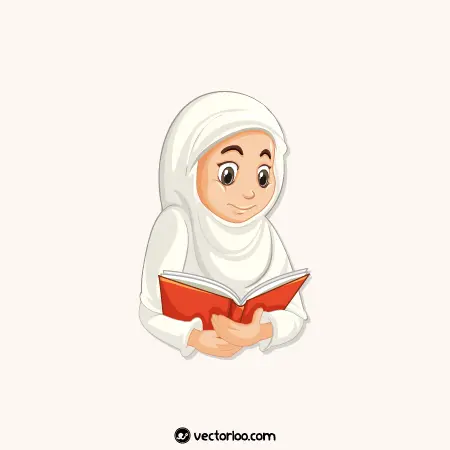 وکتور دختر حجابی مسلمان در حال کتاب خواندن با لباس سفید کارتونی 1