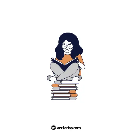 وکتور دختر در حال مطالعه با موهای بلند نشسته رو جمع کتاب ها کارتونی 2