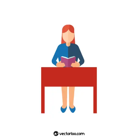 وکتور دختر در حال مطالعه نشسته روی صندلی و میز قرمز 1