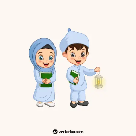 وکتور دختر پسر بچه مسلمان قران در بغل با لباس آبی کارتونی 1