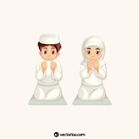 وکتور دختر پسر مسلمان در حال دعا کردن با لباس سفید نشسته کارتونی 1