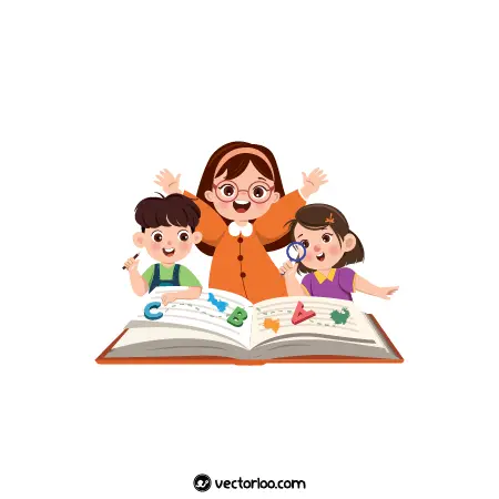وکتور دختر پسر کودک در حال کتاب خواندن همراه با مادرشون 1