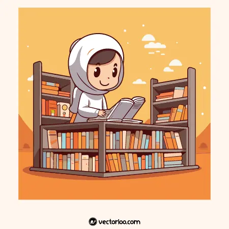 وکتور دختر کودک مسلمان حجابی در حال مطالعه در کتابخانه 1