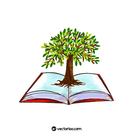 وکتور درخت سبز وسط کتاب باز کارتونی 1