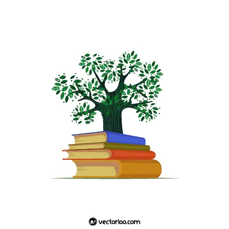 وکتور درخت پشت کتاب های رو هم کارتونی 1