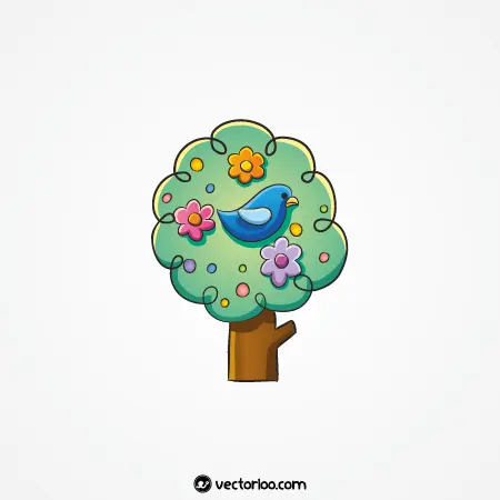 وکتور درخت کارتونی با شکوفه های رنگی و پرنده 1