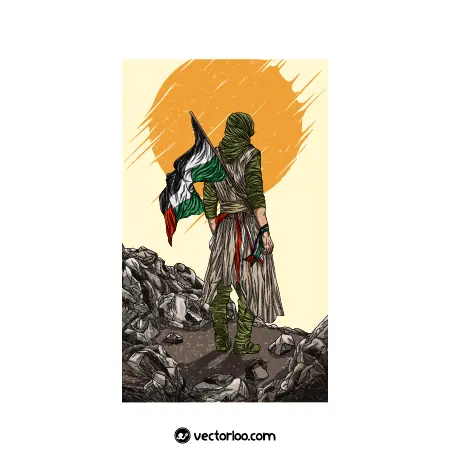 وکتور شخصیت قهرمان اسلامی با پرچم فلسطین کارتونی 1