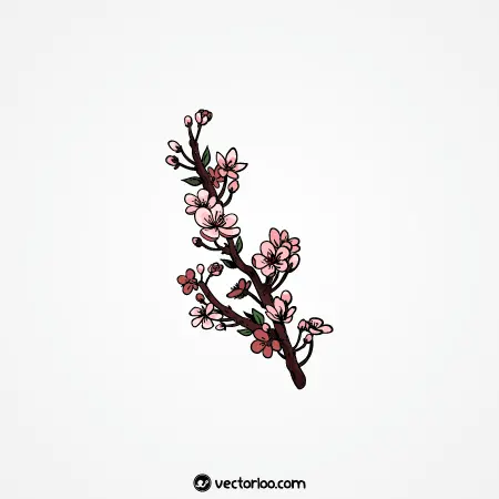 وکتور شکوفه های صورتی زیبا روی شاخه با برگ کارتونی 1