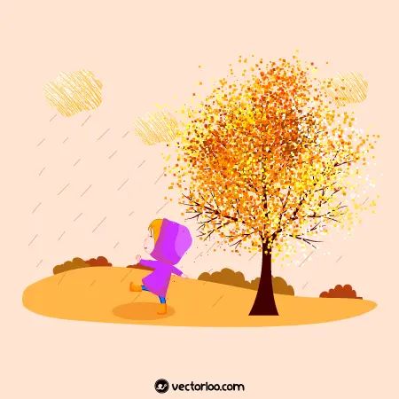 وکتور طرح پاییزی درخت و کودک در حال بازی کارتونی 1