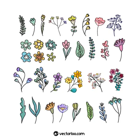 وکتور مجموعه نقاشی گل و گیاه مختلف کارتونی 1