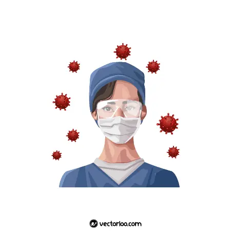 وکتور پرستار با ماسک و عینک و ویروس ها در هوا 1