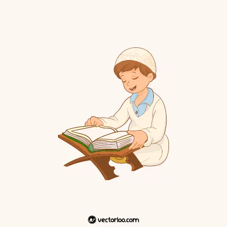 وکتور پسر بچه در حال قران خواندن نشسته شاد کلاه بر سر کارتونی زیبا 1