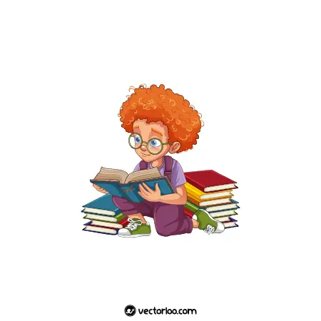 وکتور پسر بچه در حال مطالعه با موهای فر فری نارنجی کارتونی 1