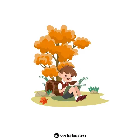 وکتور پسر بچه در حال مطالعه تکیه داده به درخت کارتونی 1