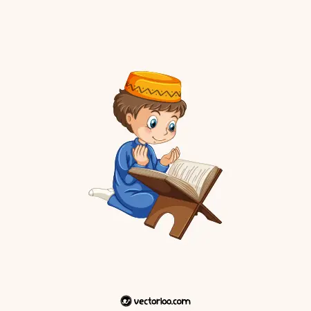 وکتور پسر بچه مسلمان درحال دحا کردن و قران خواندن نشسته با لباس رنگی کارتونی 1