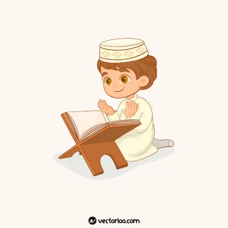 وکتور پسر بچه کودک مسلمان دعا در حال قران خواندن کارونی نشسته 1
