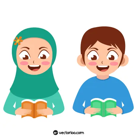وکتور پسر و دختر مسلمان شاد در حال کتاب خواندن 1