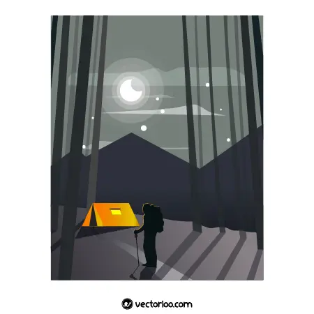 وکتور چادر کمپ و کوهنورد در شب زیر نور ماه 1