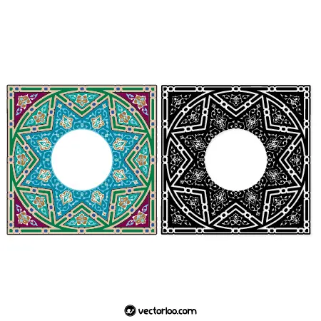 وکتور کادر دایره با حاشیه مربع طرح سنتی تذهیب اسلامی در دو طرح رنگی و مشکی 1