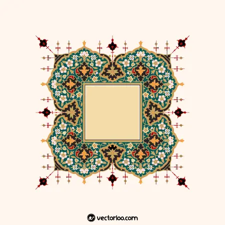 وکتور کادر مربع با حاشیه گل سنتی تذهیب رنگ های قرمز کرم و سبز زیبا مناسب طرح های مذهبی 1