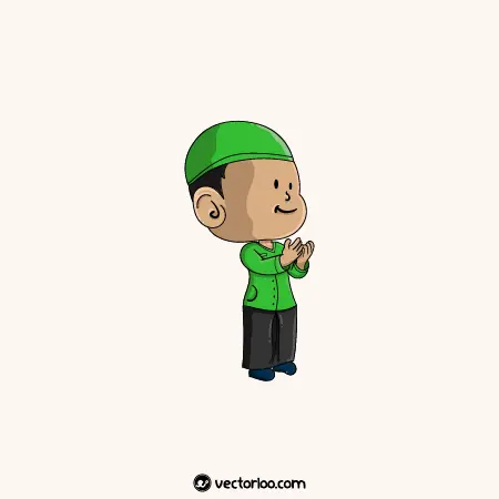 وکتور کاراکتر پسر کودک مسلمان با کلاه سبز کارتونی 1