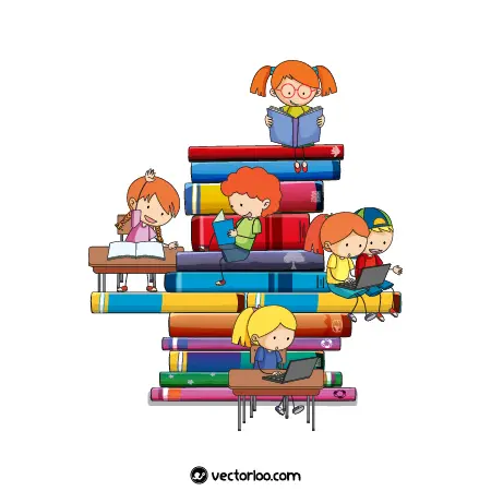 وکتور کتاب ها روی هم بچه ها در حال کتاب خواندن کارتونی 1