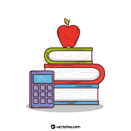 وکتور کتاب ها روی هم سیب روی کتاب و ماشین حساب کارتونی 1