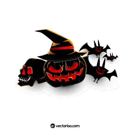 وکتور کدو تنبل و جمجمه و خفاش سیاه هالووین 1