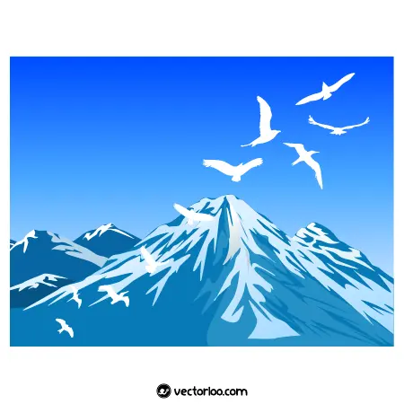 وکتور کوه آبی برف روی کوه و کبوتر ها در هوا 1